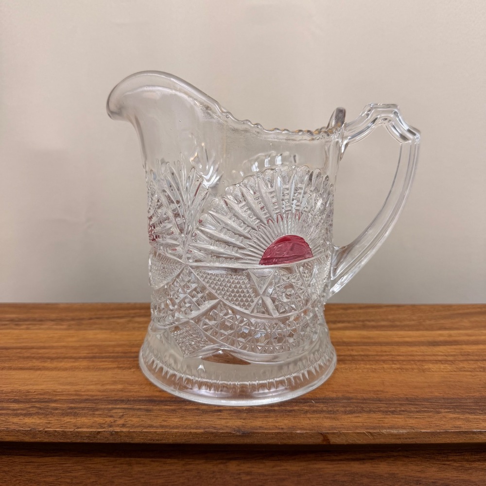 US Glass Rising Sun EAPG Pitcher Ruby Stained Gold Trim Clear Pressed Glass 8in